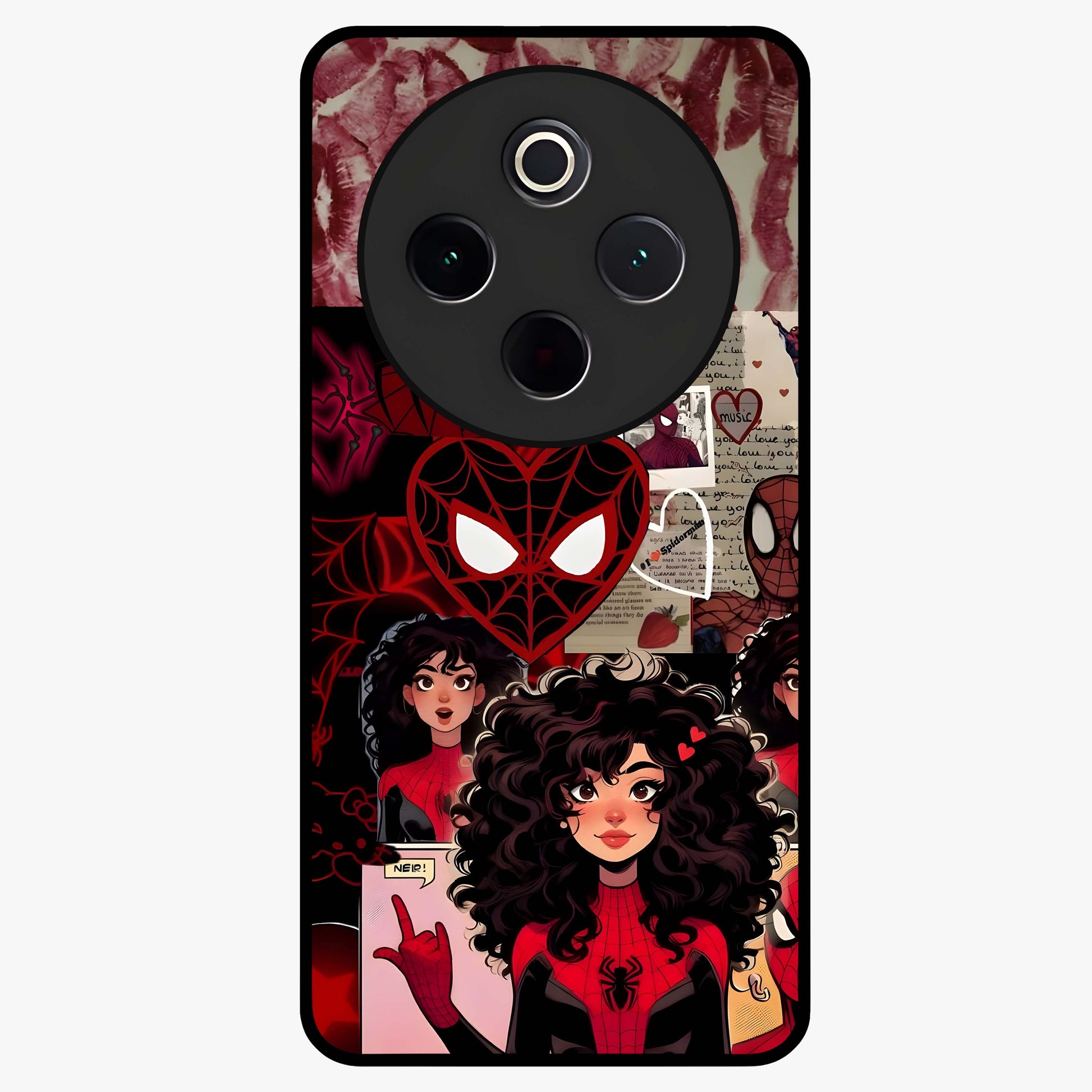 Spider Love Story Glass Case showing flat back view with romantic superhero themed artwork and glossy glass finish.