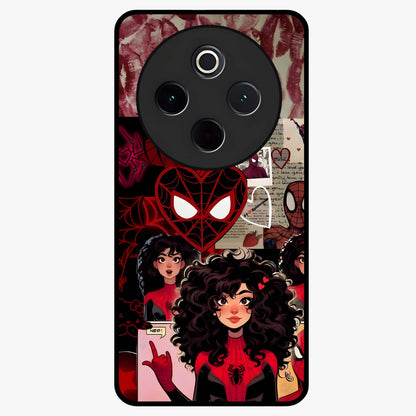 Spider Love Story Glass Case showing flat back view with romantic superhero themed artwork and glossy glass finish.