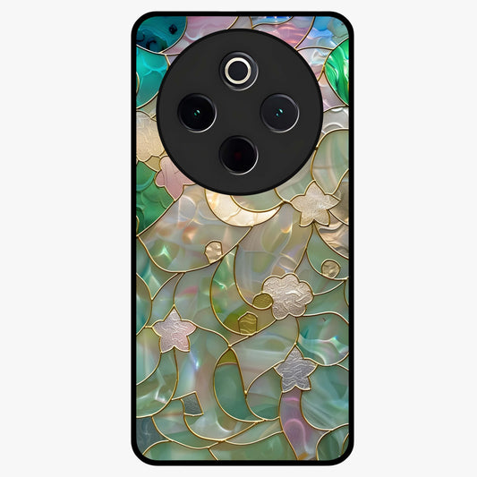 Stained Sunrise Glow Glass Case showing flat back view with glowing sunrise stained pattern artwork and glossy glass finish.