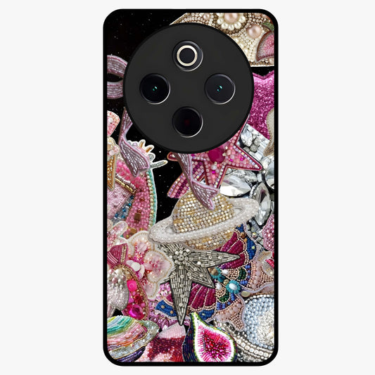 Starlit Jewel Dream Glass Case showing flat back view with sparkling jewel and star themed artwork and glossy glass finish.