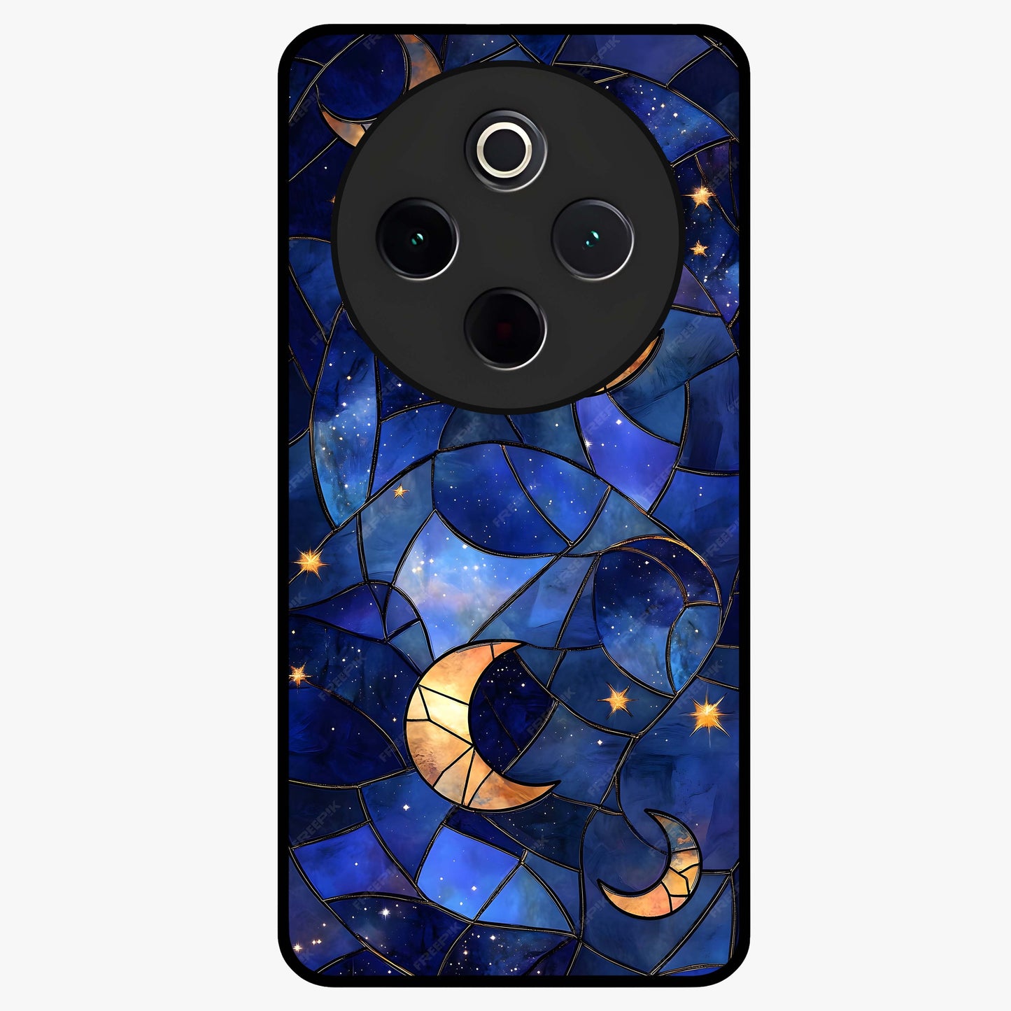 Starlit Sky Tapestry Glass Case showing flat back view with decorative starry sky tapestry artwork and glossy glass finish.