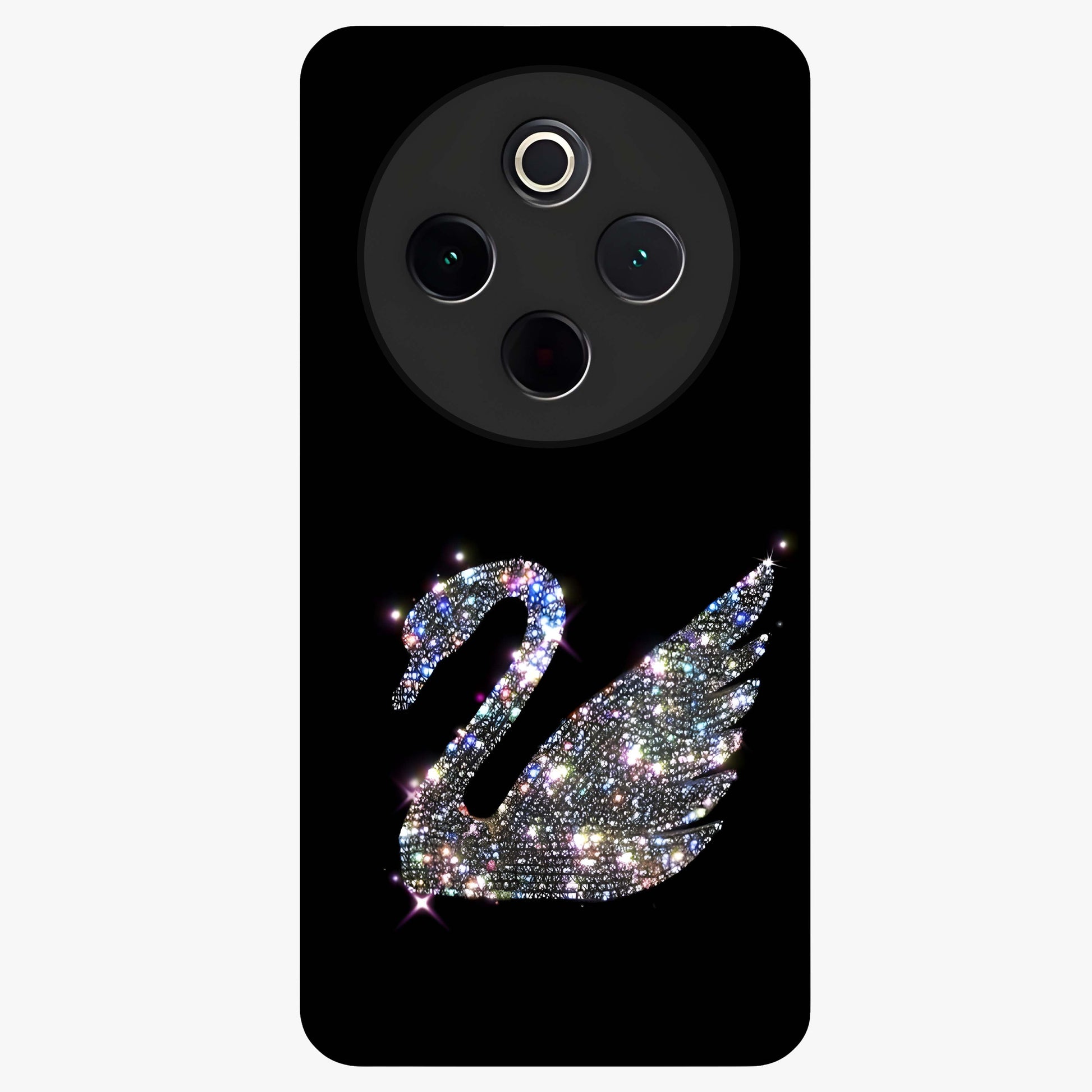 Starlit Swan Grace Glass Case showing flat back view with graceful swan artwork under starry sky and glossy glass finish.