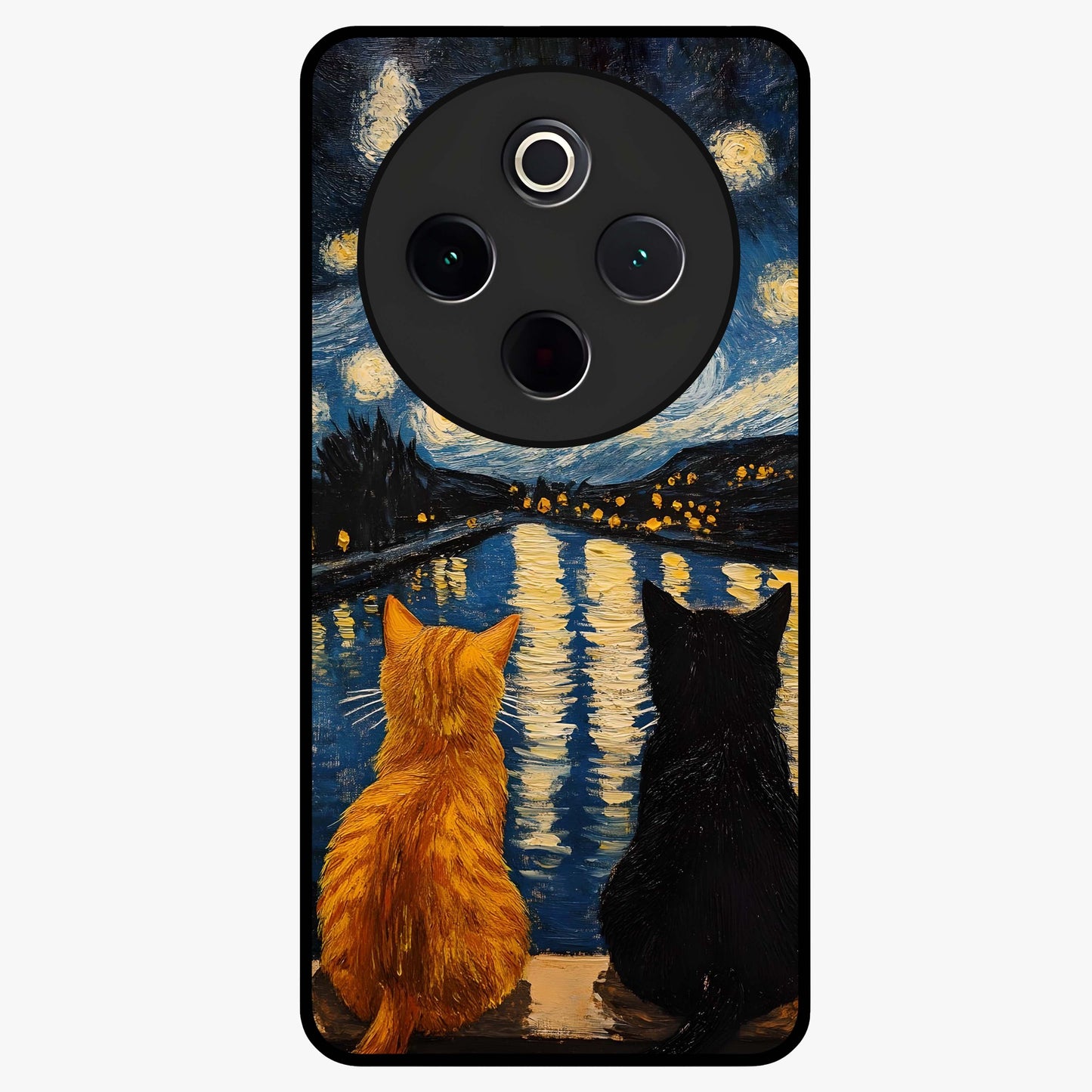 Starry River Cats Glass Case showing flat back view with cats by a starry river artwork and glossy glass finish.