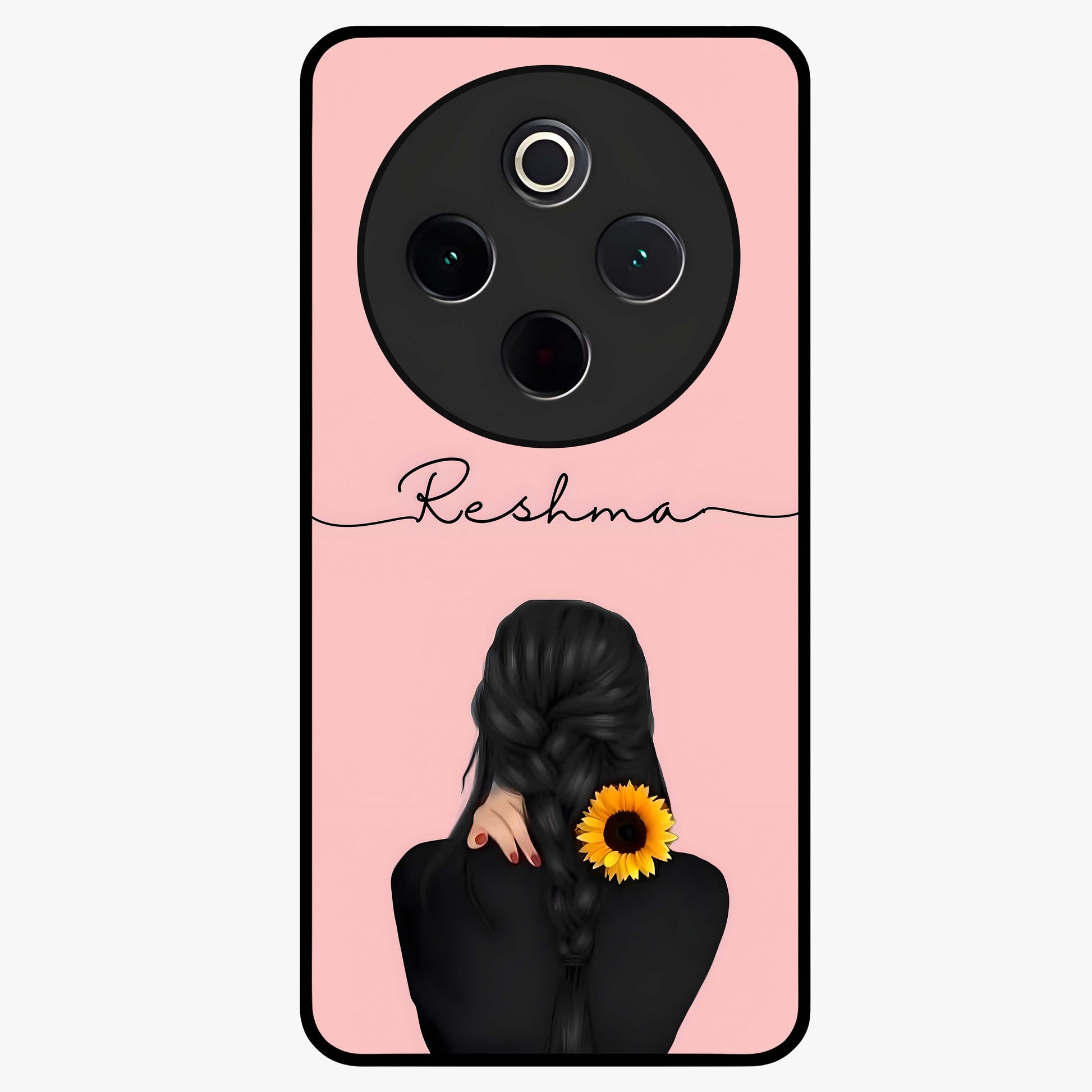 Sunflower Braid Beauty With Custom Name Glass Case showing flat back view with sunflower braid artwork and personalized name design.