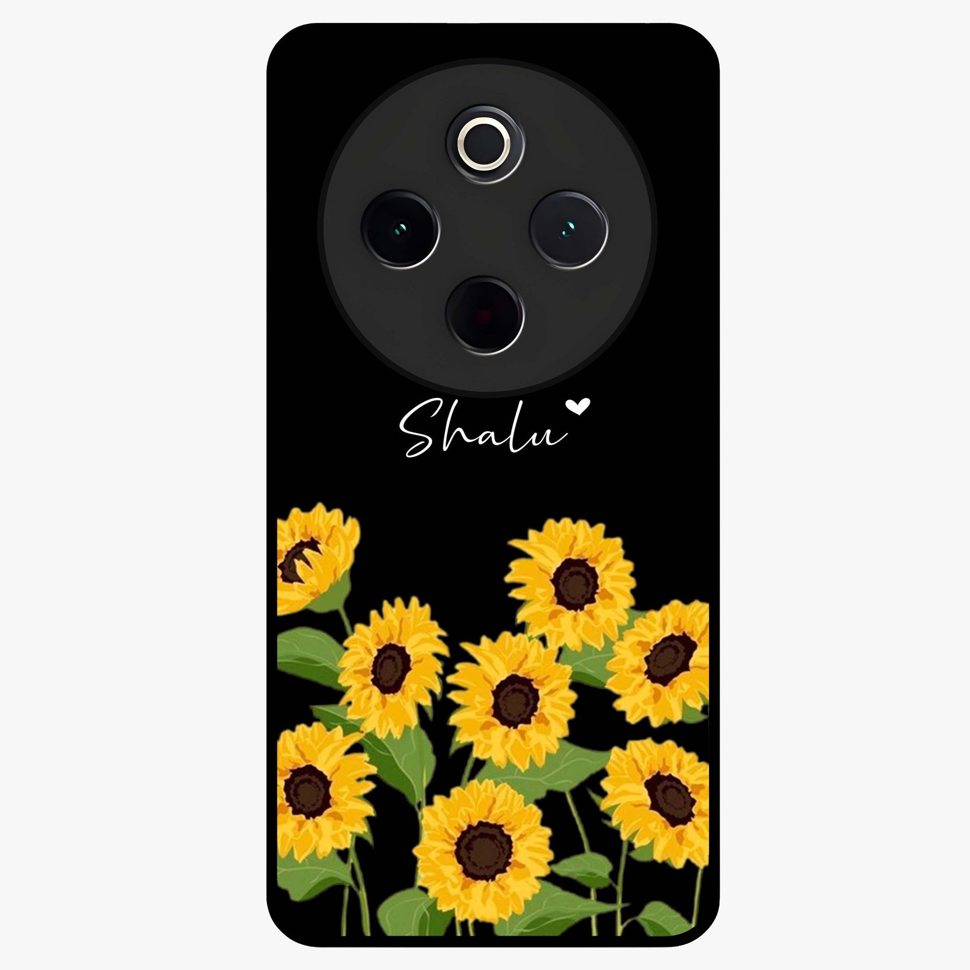 Sunflower Chic Mood Custom Name Glass Case showing flat back view with stylish sunflower artwork and personalized name design.