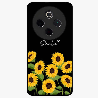 Sunflower Chic Mood Custom Name Glass Case showing flat back view with stylish sunflower artwork and personalized name design.