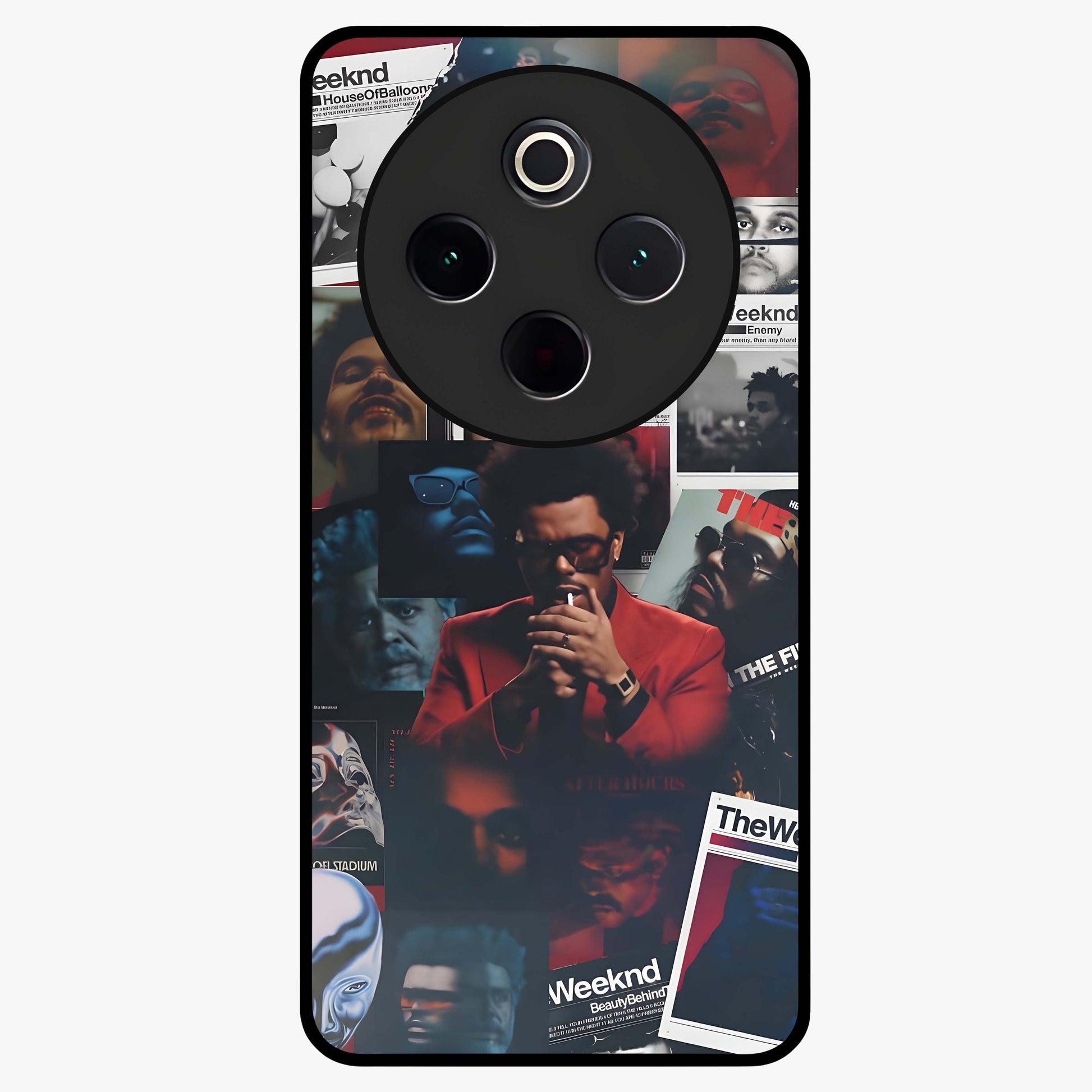 The Weeknd Glass Case showing flat back view with music inspired artistic portrait artwork and glossy glass finish.