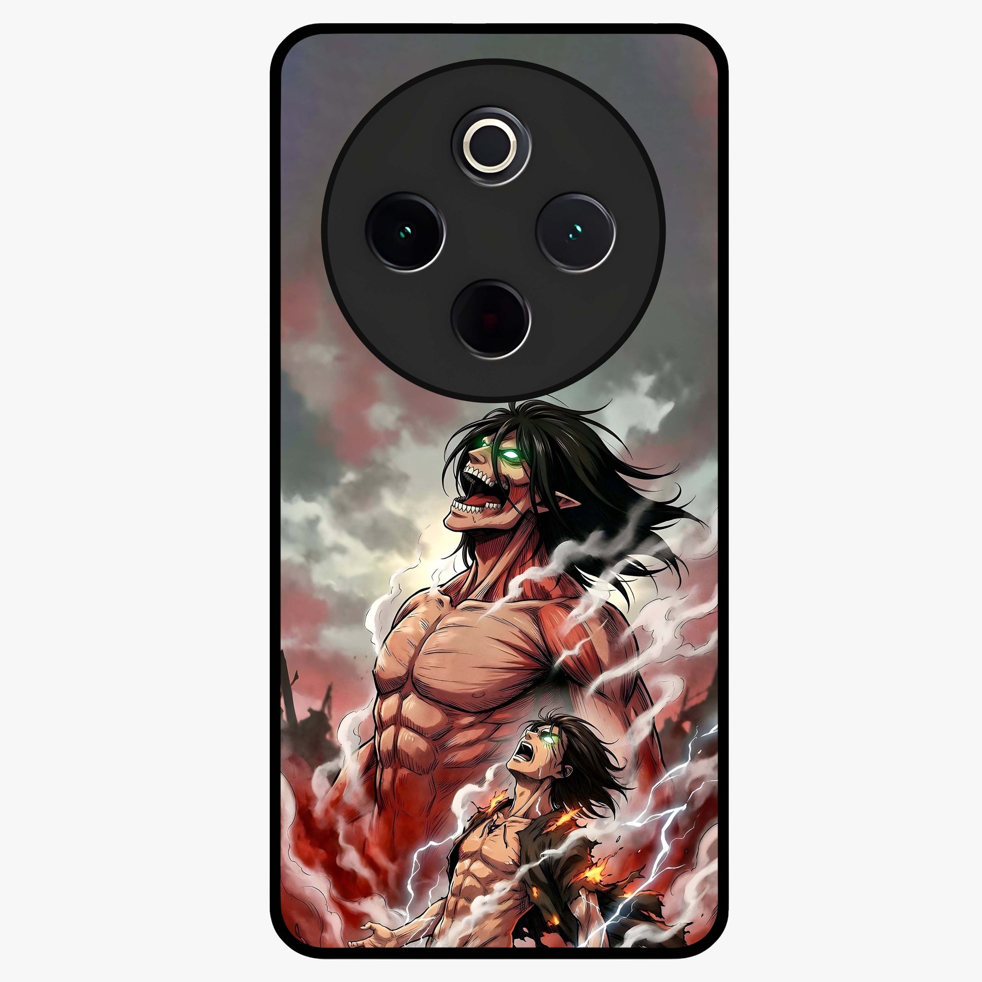 Titan Awakening Fury Glass Case showing flat back view with powerful titan inspired artwork and glossy glass finish.