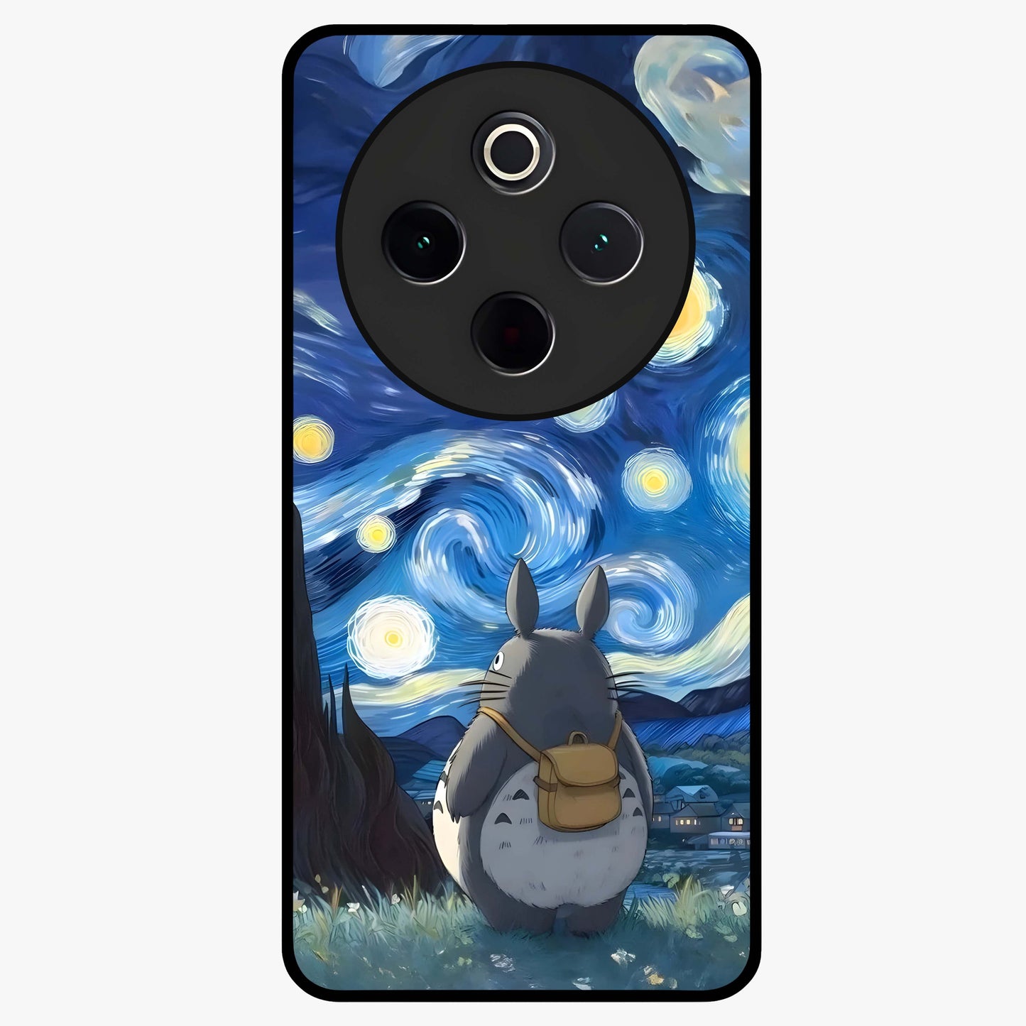 Totoro In Van Gogh Art Glass Case showing flat back view with whimsical character artwork inspired by Van Gogh style and glossy glass finish.