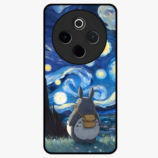 Totoro In Van Gogh Art Glass Case showing flat back view with whimsical character artwork inspired by Van Gogh style and glossy glass finish.