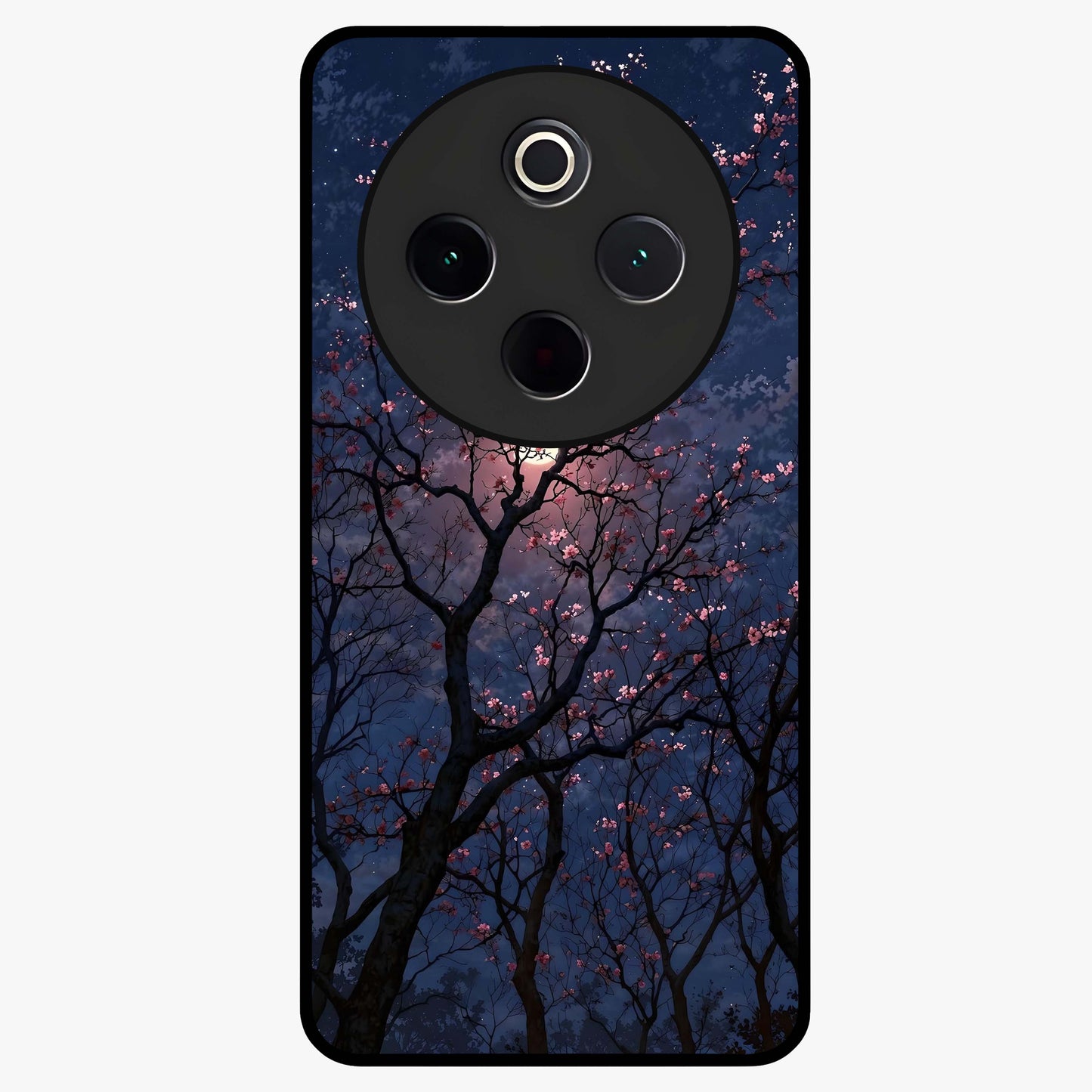 Twilight Sakura Serenade Glass Case showing flat back view with cherry blossom artwork at twilight and glossy glass finish.
