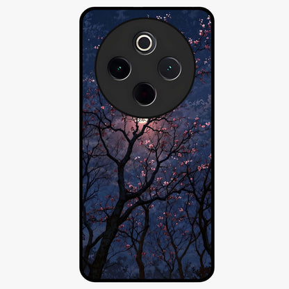 Twilight Sakura Serenade Glass Case showing flat back view with cherry blossom artwork at twilight and glossy glass finish.