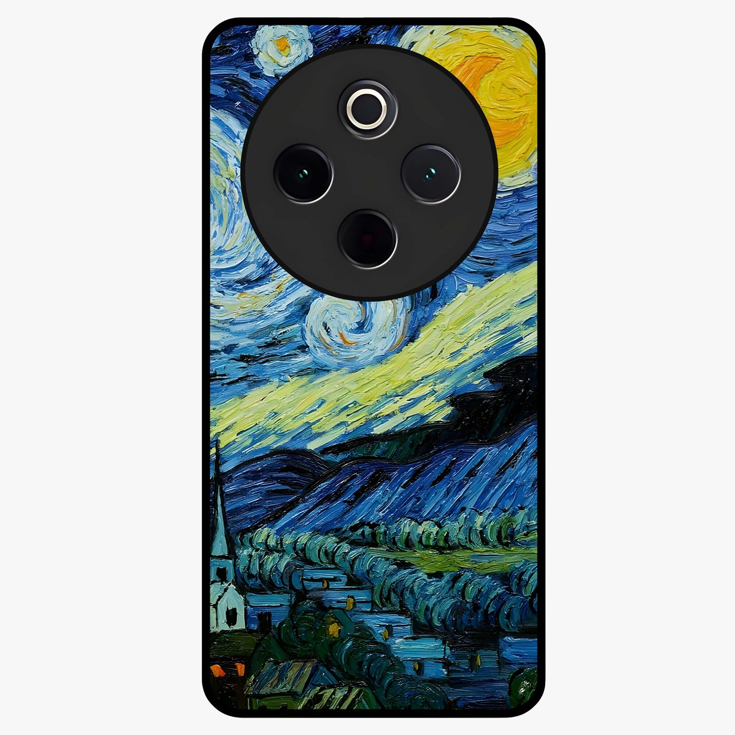 Van Gogh Art Glass Case showing flat back view with classic painterly artwork inspired by Van Gogh style and glossy glass finish.