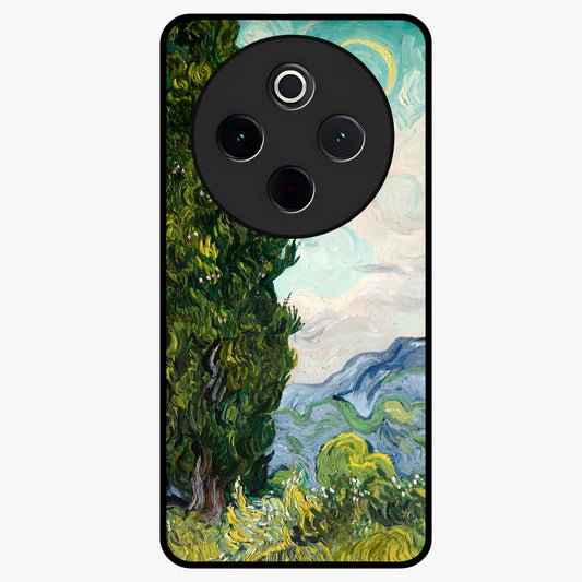 Van Gogh Vintage Art Glass Case showing flat back view with vintage painterly artwork inspired by Van Gogh style and glossy glass finish.