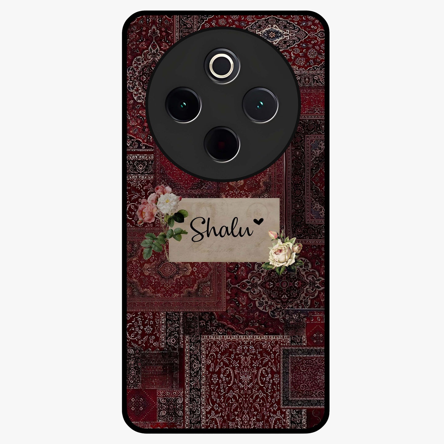 Velvet Wine Pattern Custom Name Glass Case showing flat back view with elegant wine colored pattern artwork and personalized name design.