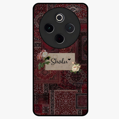 Velvet Wine Pattern Custom Name Glass Case showing flat back view with elegant wine colored pattern artwork and personalized name design.