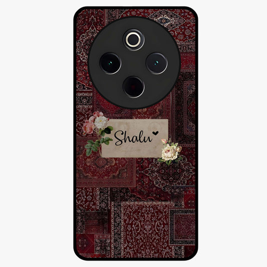 Velvet Wine Pattern Custom Name Glass Case showing flat back view with elegant wine colored pattern artwork and personalized name design.