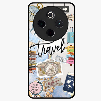 Wanderlust Journal Glass Case showing flat back view with travel inspired artwork and glossy glass finish.