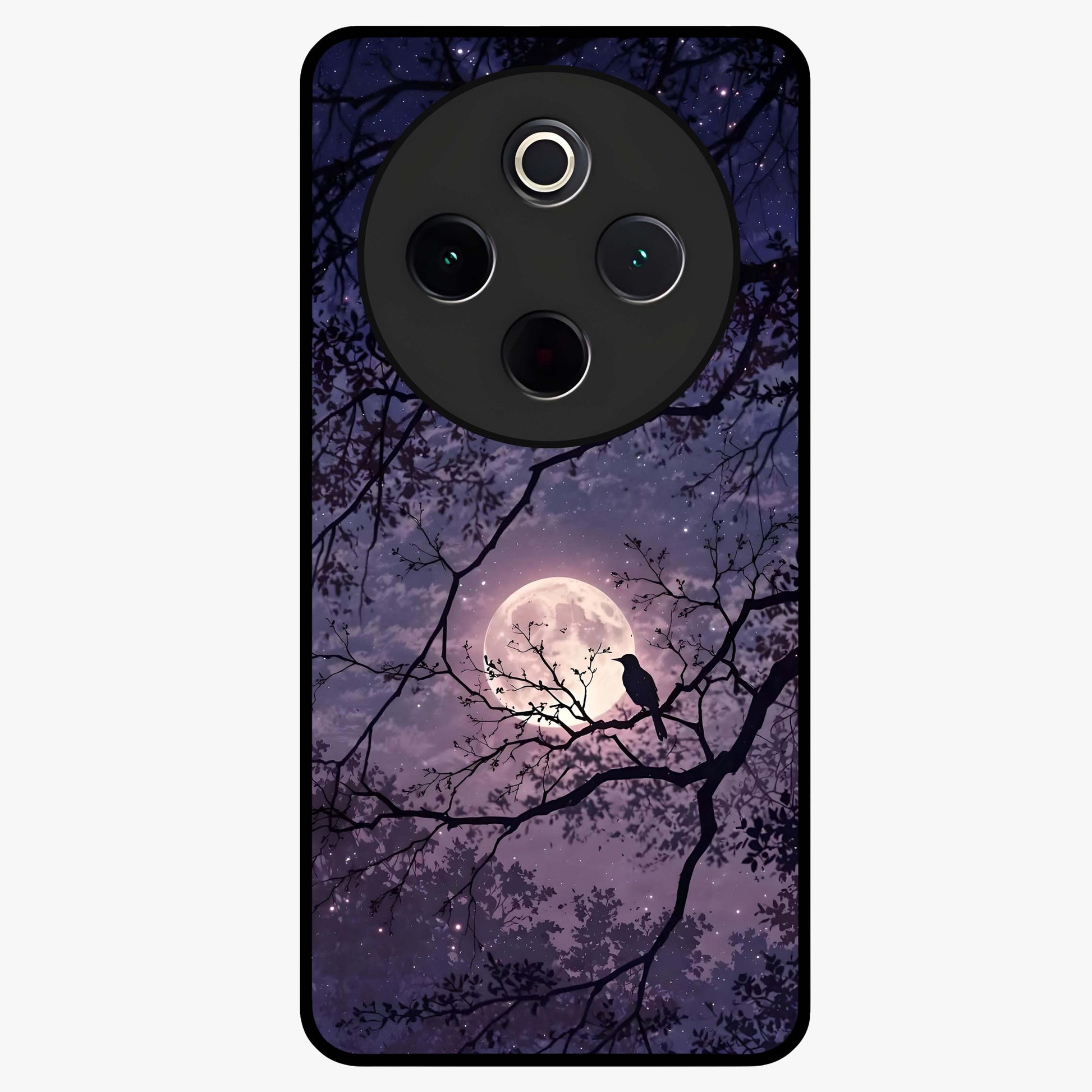 Whispering Moon Silence Glass Case showing flat back view with serene moon themed artwork and glossy glass finish.