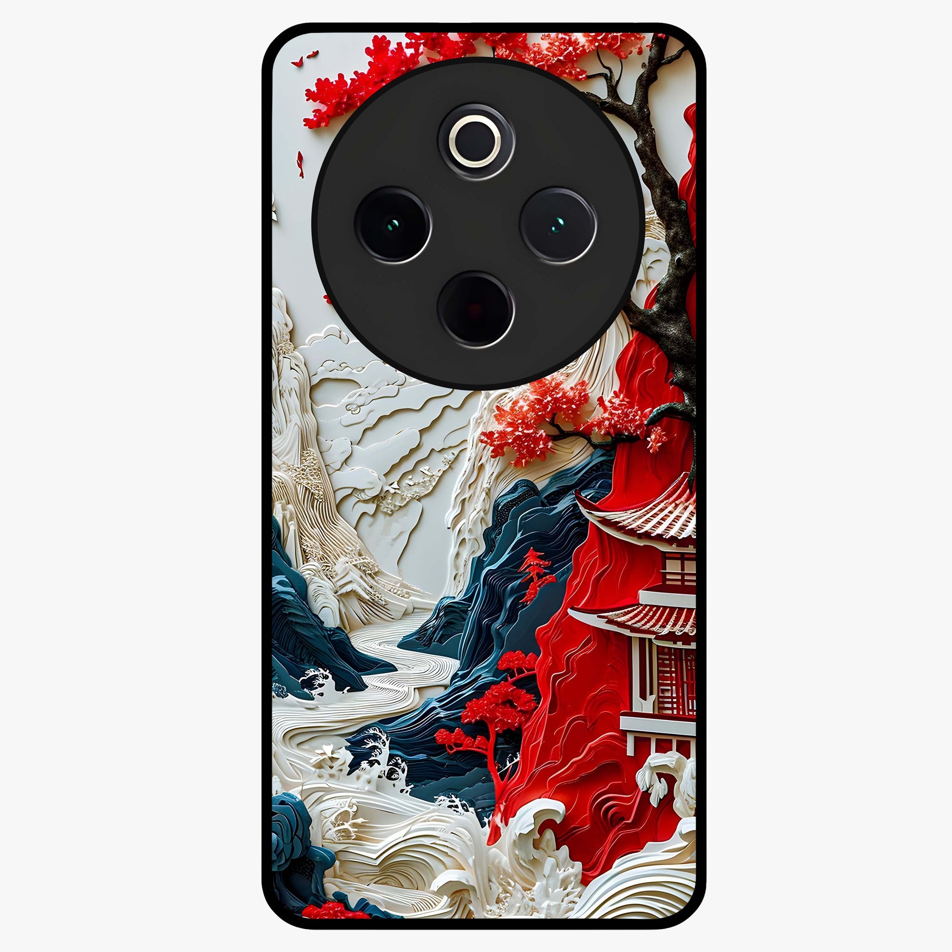 Whispers Of Sakura Waves Glass Case showing flat back view with cherry blossom wave artwork and glossy glass finish.