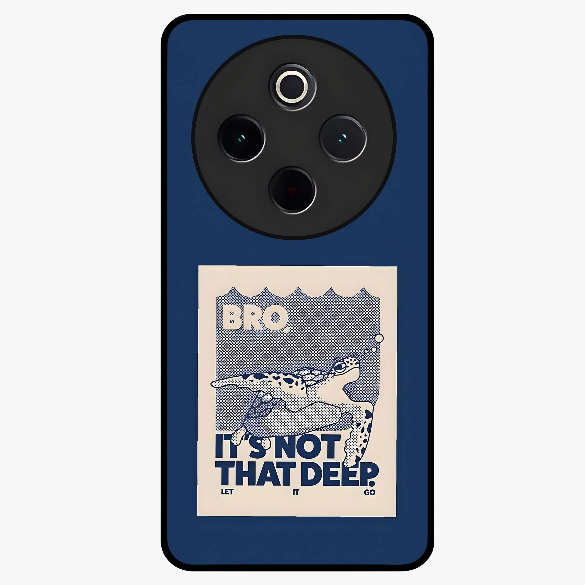 Worry Less Swim Glass Case showing flat back view with playful motivational artwork and glossy glass finish.