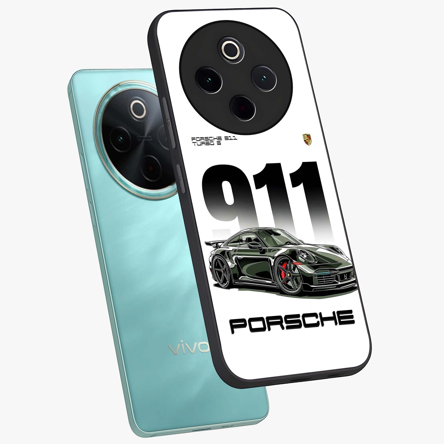 911 Turbo Dominance Glass Case displayed in premium angled mockup highlighting sporty car illustration and sleek glass surface.