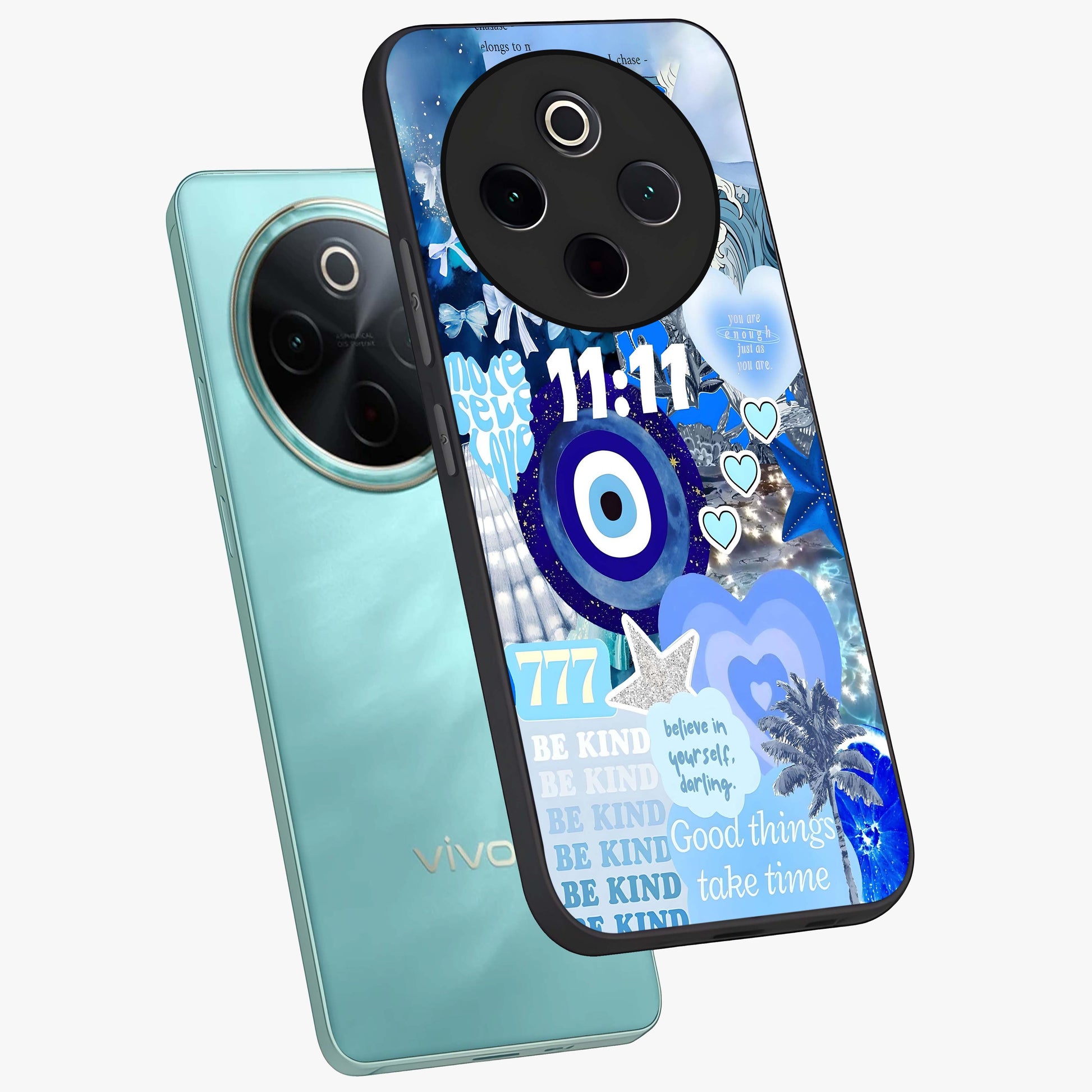 Aesthetic Be Kind Eye Glass Case displayed in angled mockup highlighting aesthetic eye design and inspirational vibe.