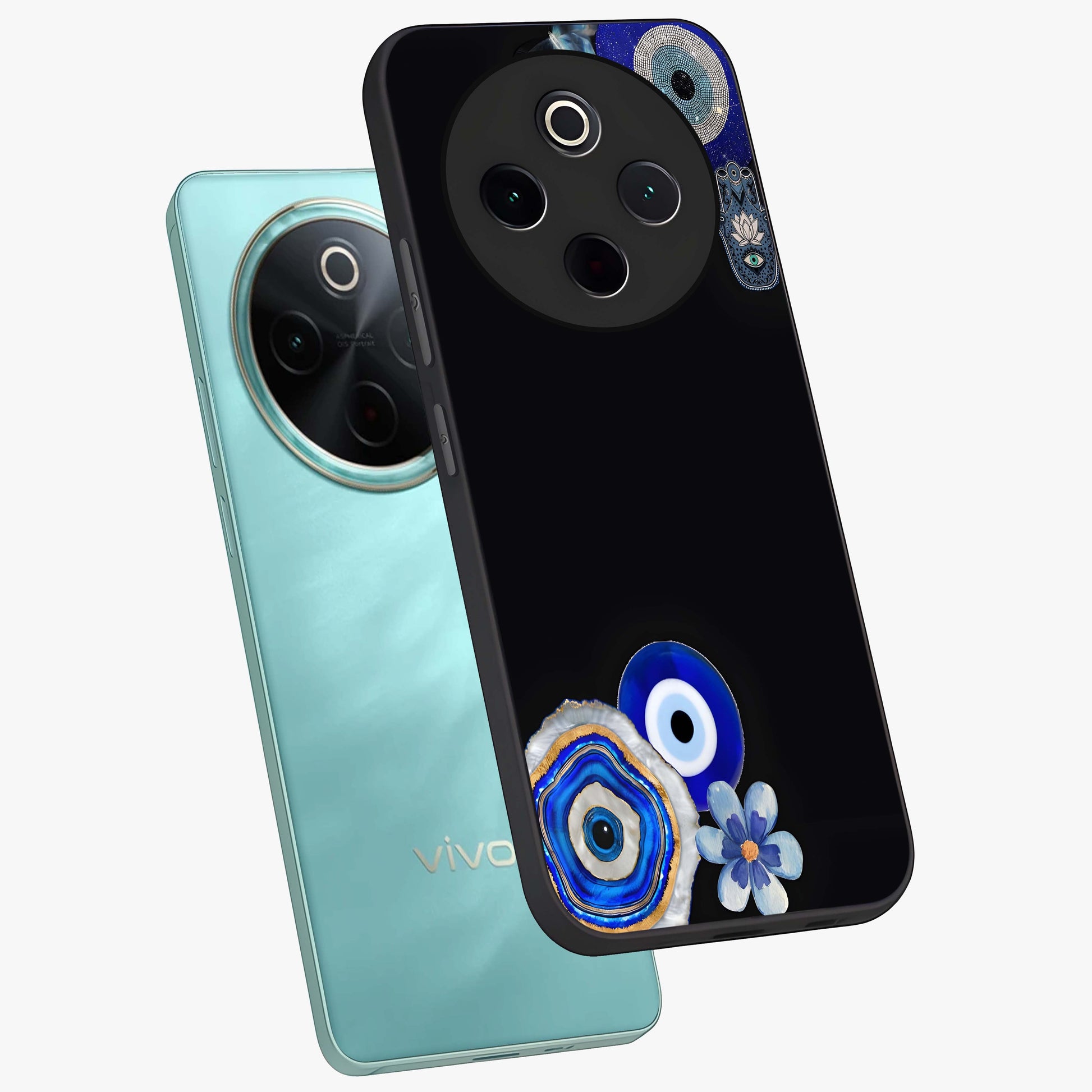 Aesthetic Blue Evil Eye Glass Case displayed in angled mockup highlighting blue evil eye symbol and spiritual aesthetic design.