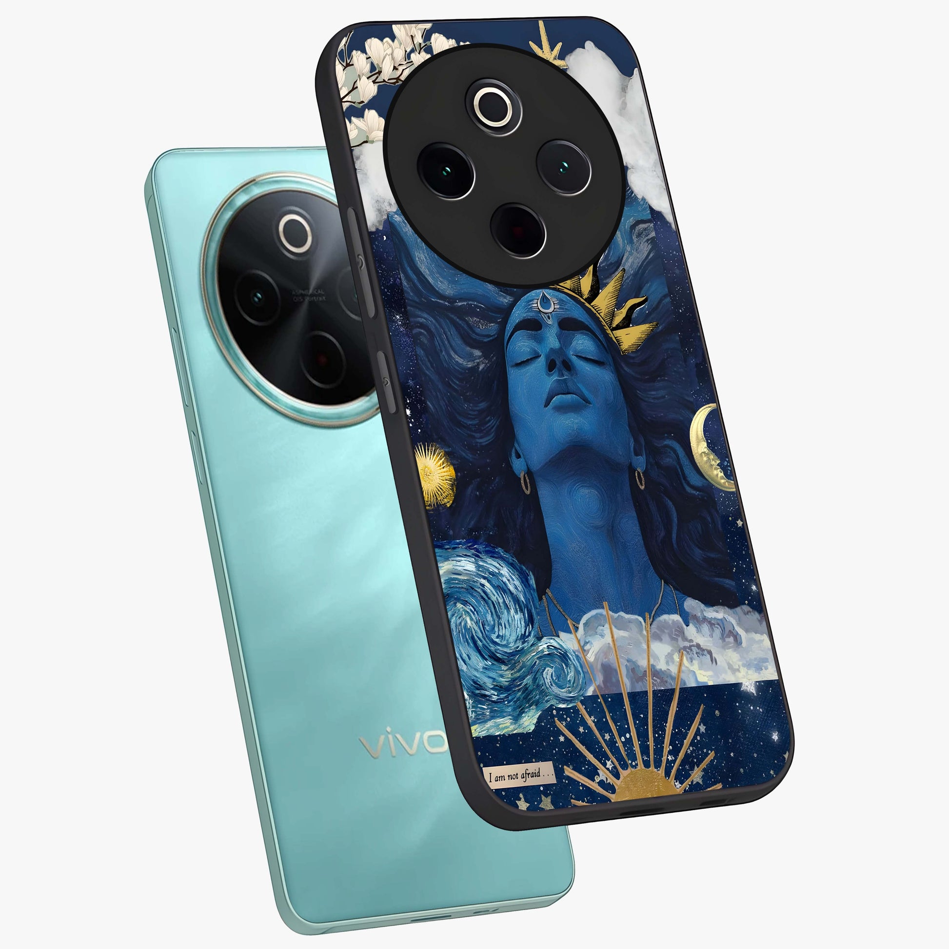 Aesthetic Lord Shiva Glass Case displayed in angled mockup highlighting spiritual Shiva illustration and sacred aesthetic design.