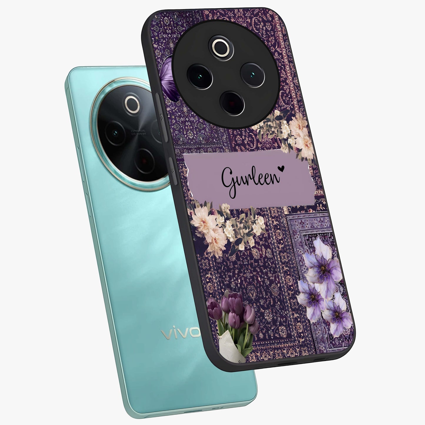 Antique Floral Whisper Custom Name Glass Case displayed in angled mockup highlighting elegant antique floral aesthetic.