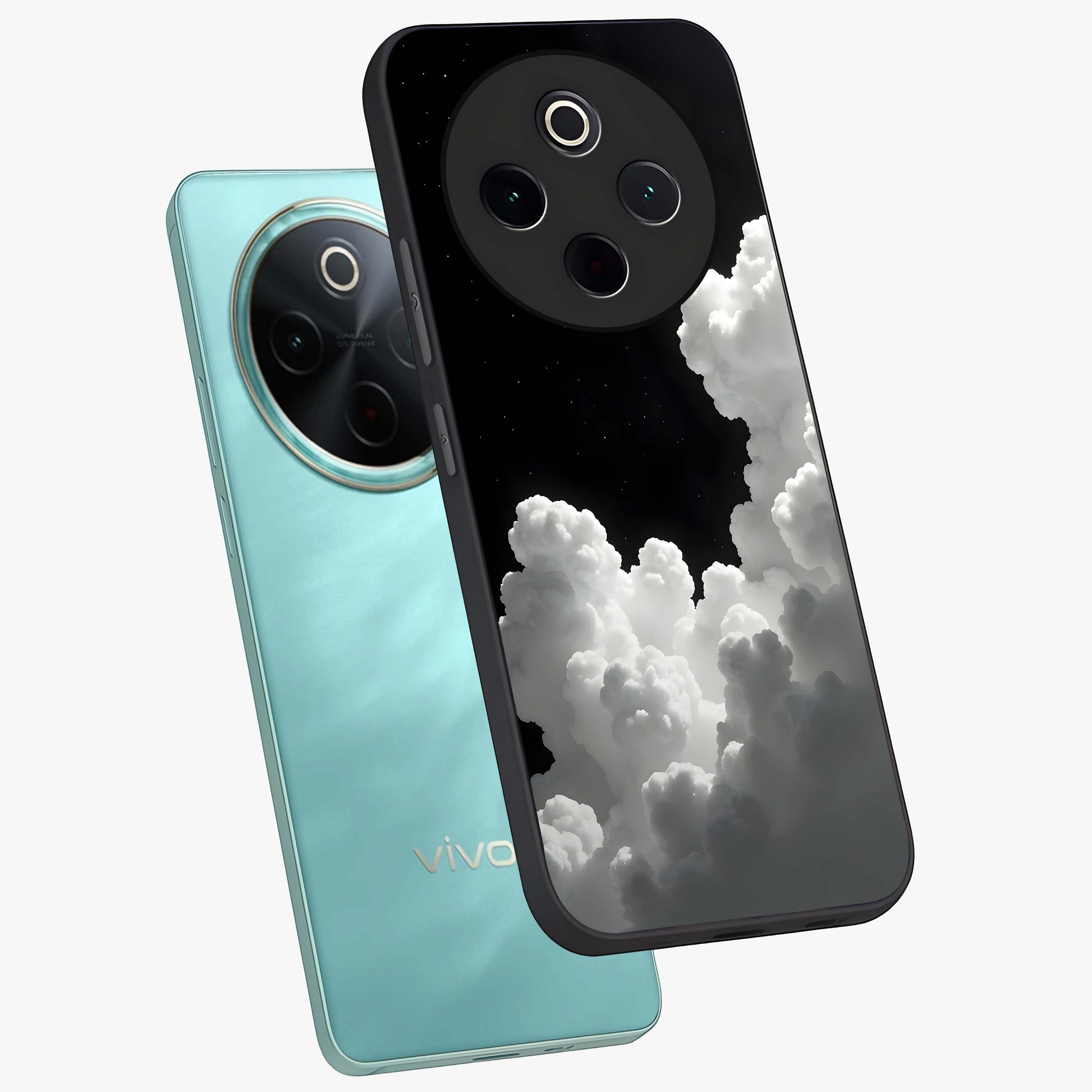 Black Background With White Cloud Glass Case displayed in angled mockup highlighting soft white cloud illustration and minimal design.