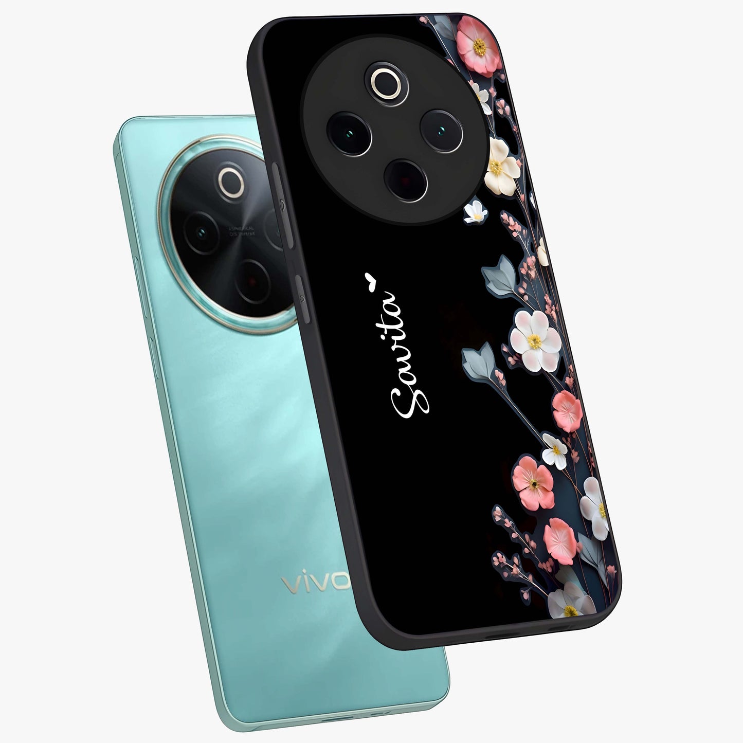 Black Elegance Floral Custom Name Glass Case displayed in angled mockup highlighting dark floral aesthetic and custom name feature.