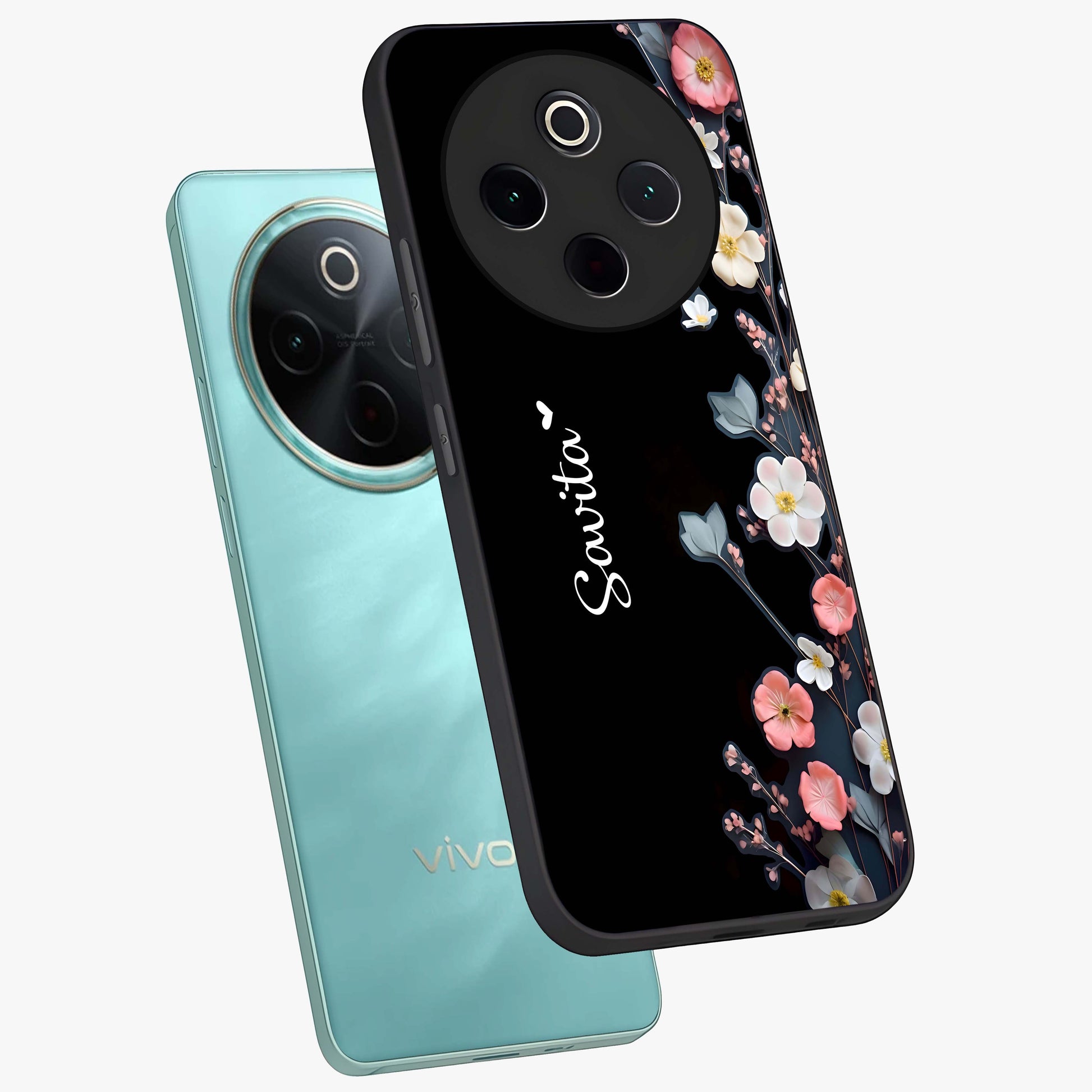 Black Elegance Floral Custom Name Glass Case displayed in angled mockup highlighting dark floral aesthetic and custom name feature.