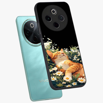 Blissful Bloom Cat Glass Case displayed in angled mockup highlighting playful feline illustration with soft floral aesthetic.