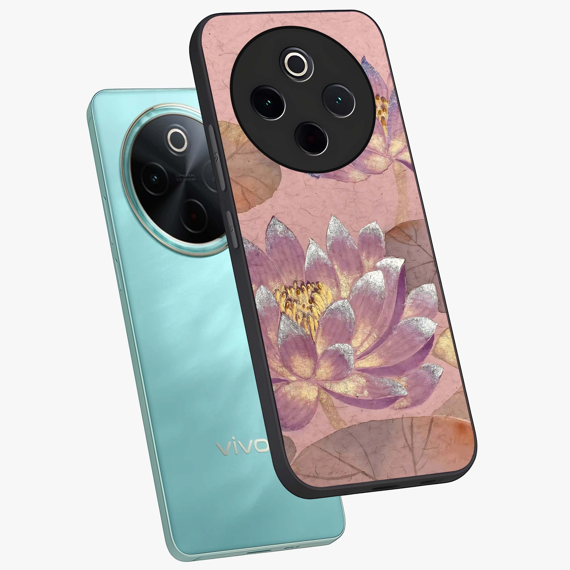 Blossom Mist Lotus Glass Case displayed in angled mockup highlighting delicate lotus illustration with calm aesthetic theme.