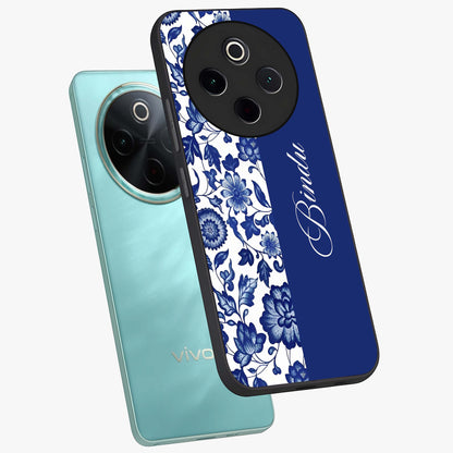 Blue Vintage Floral Pattern Glass Case displayed in angled mockup highlighting subtle bloom pattern with aesthetic pastel design.