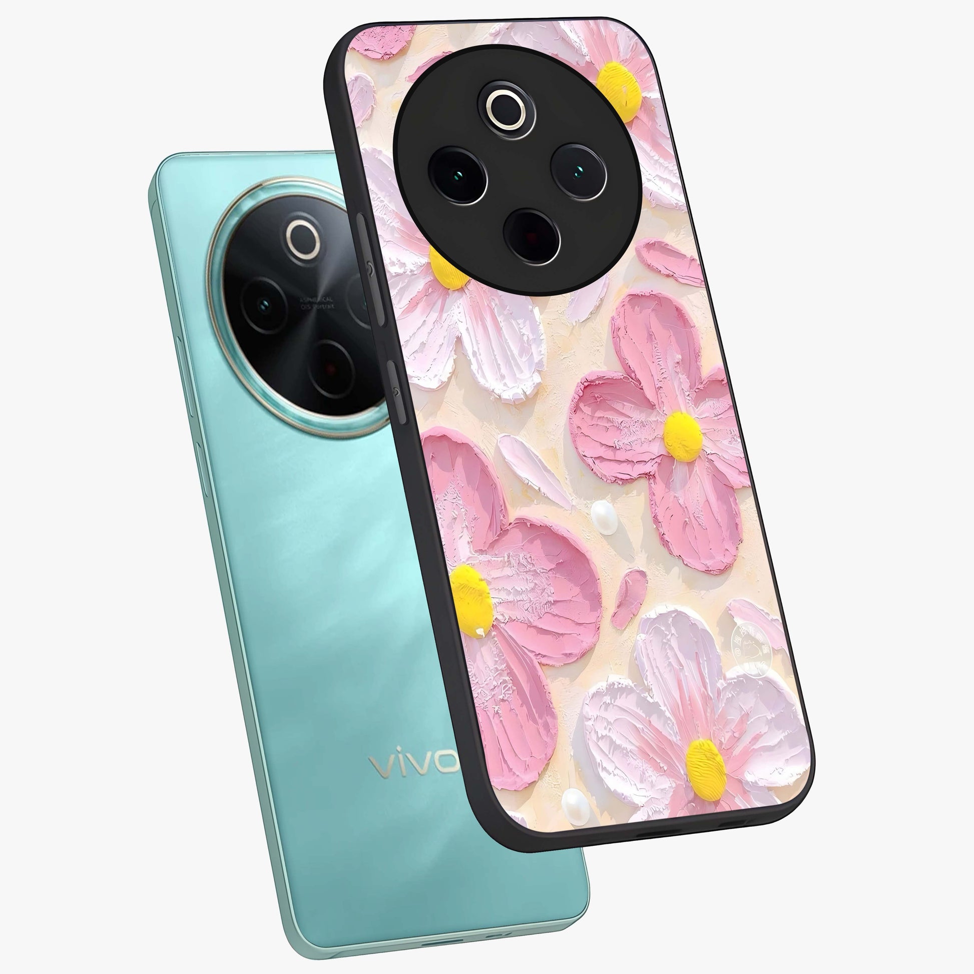 Blush Bloom Texture Glass Case displayed in angled mockup highlighting subtle bloom pattern with aesthetic pastel design.