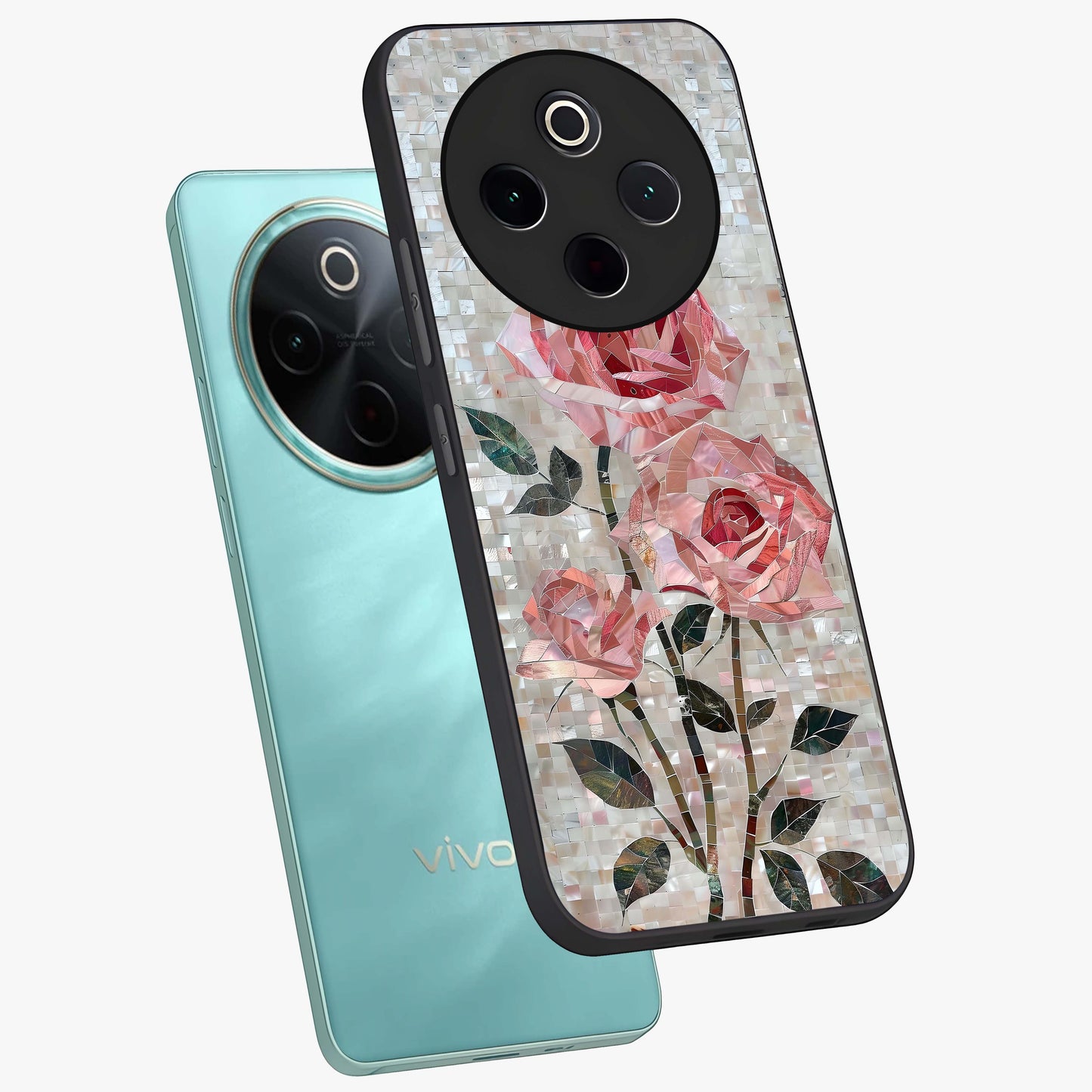 Blush Mosaic Bloom Glass Case displayed in angled mockup highlighting artistic mosaic flower pattern with aesthetic design.
