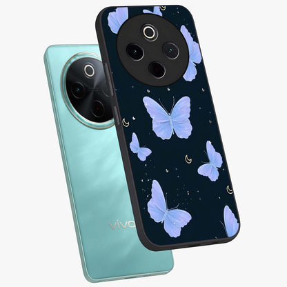 Butterfly With Stars Pattern Glass Case displayed in angled mockup highlighting dreamy butterfly and star design with aesthetic theme.
