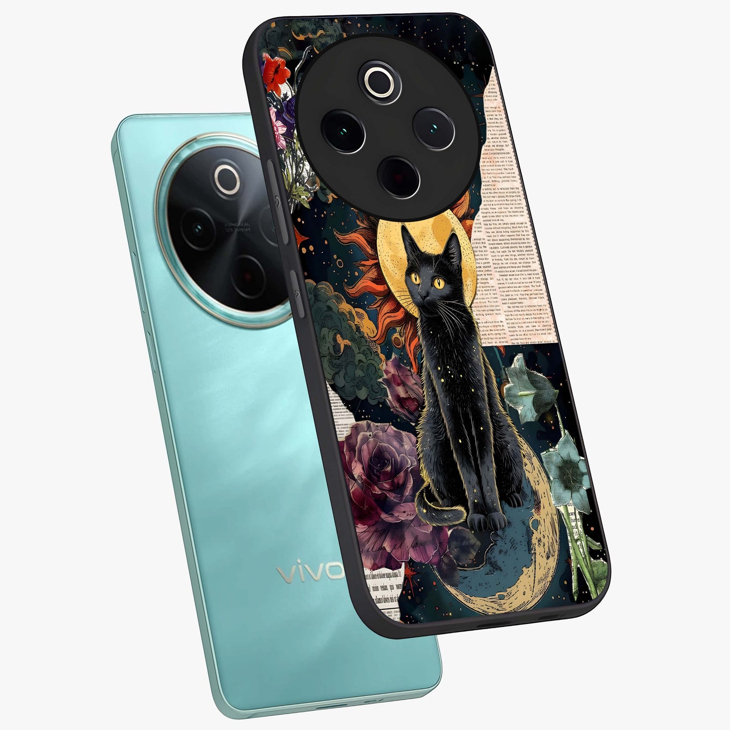 Celestial Black Cat Glass Case displayed in angled mockup highlighting cosmic black cat design with celestial aesthetic.