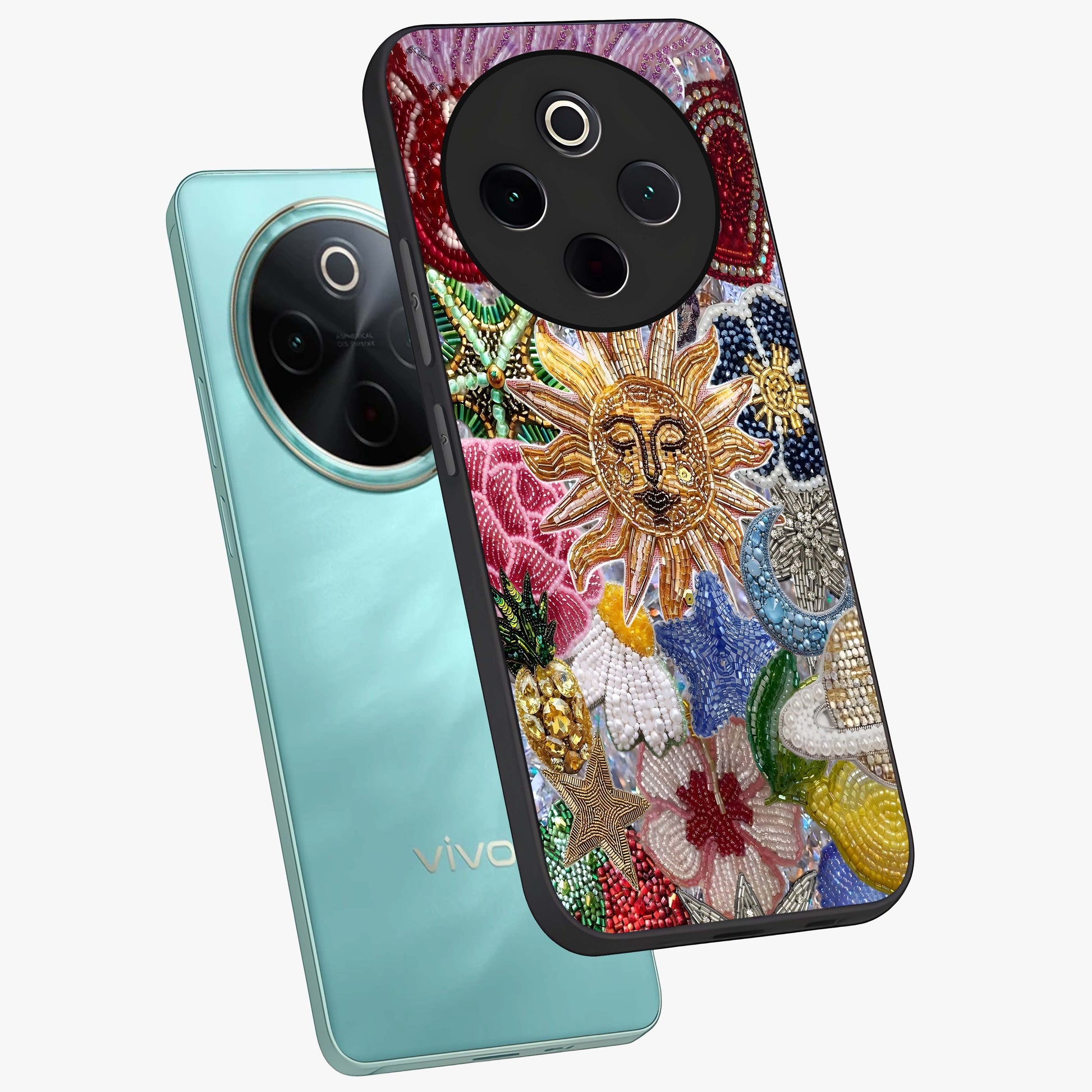 Celestial Floral and Playful Glass Case displayed in angled mockup highlighting playful floral design with dreamy celestial elements.