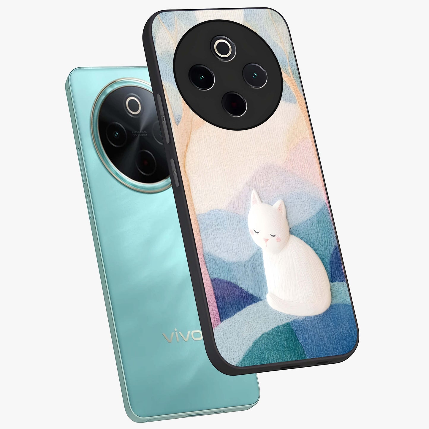 Cotton Dream Cat Glass Case displayed in angled mockup highlighting cute feline illustration with pastel aesthetic style.