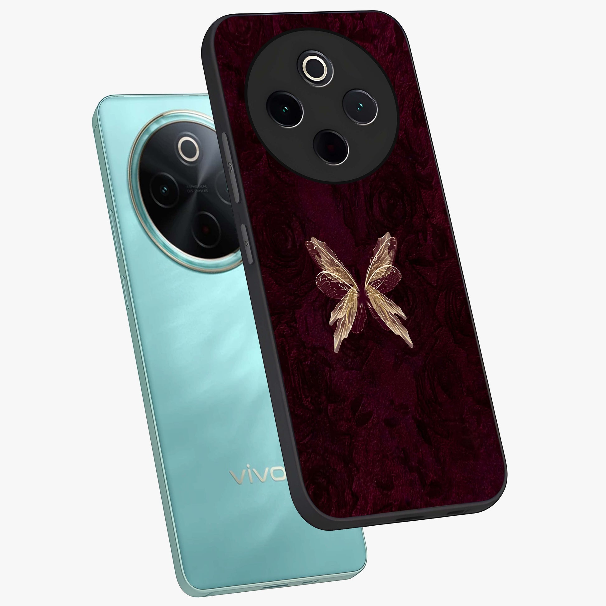 Crimson Fade Butterfly Glass Case displayed in angled mockup highlighting elegant butterfly design with crimson gradient aesthetic.