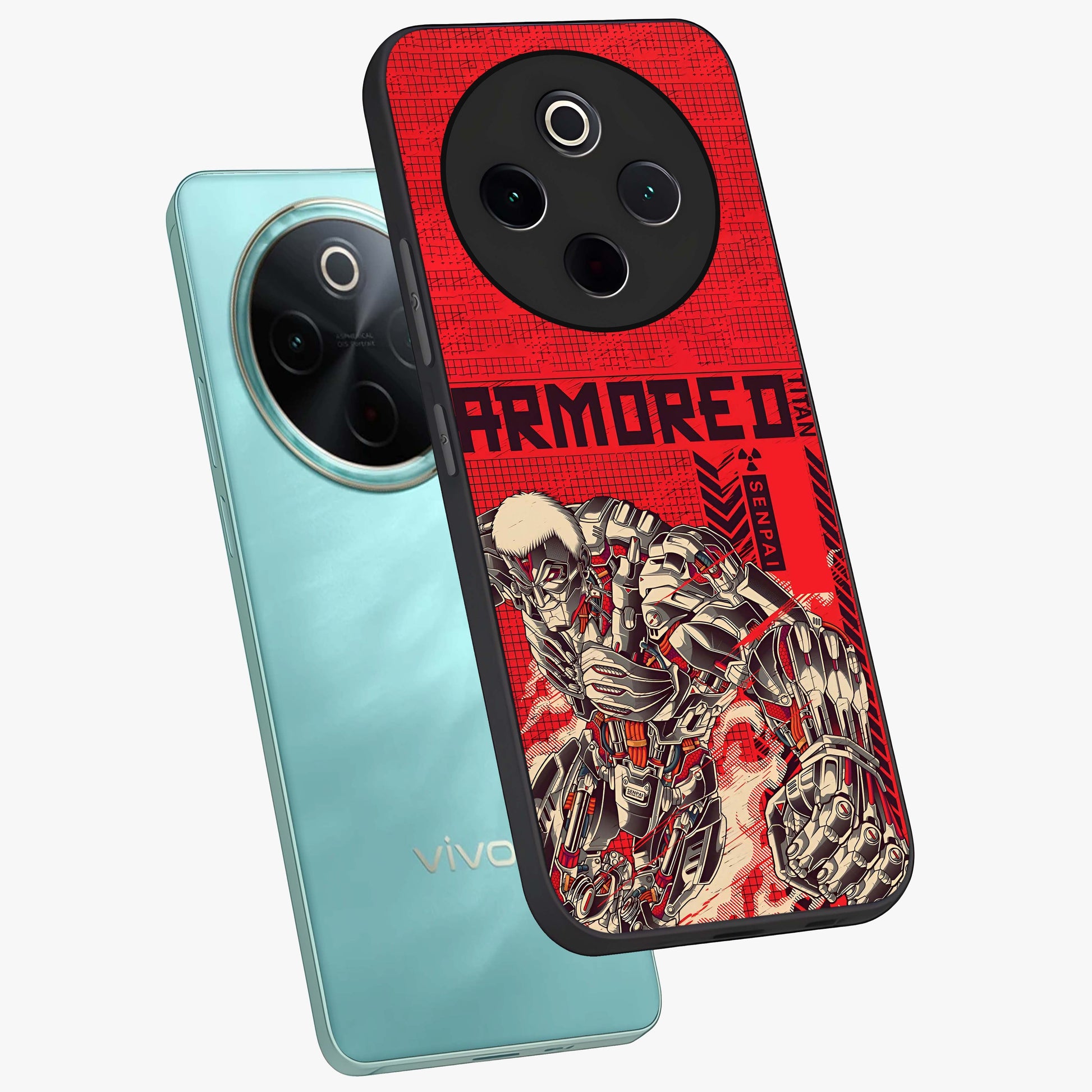 Crimson Mecha Titan Glass Case displayed in angled mockup highlighting futuristic mech illustration with bold crimson aesthetic.