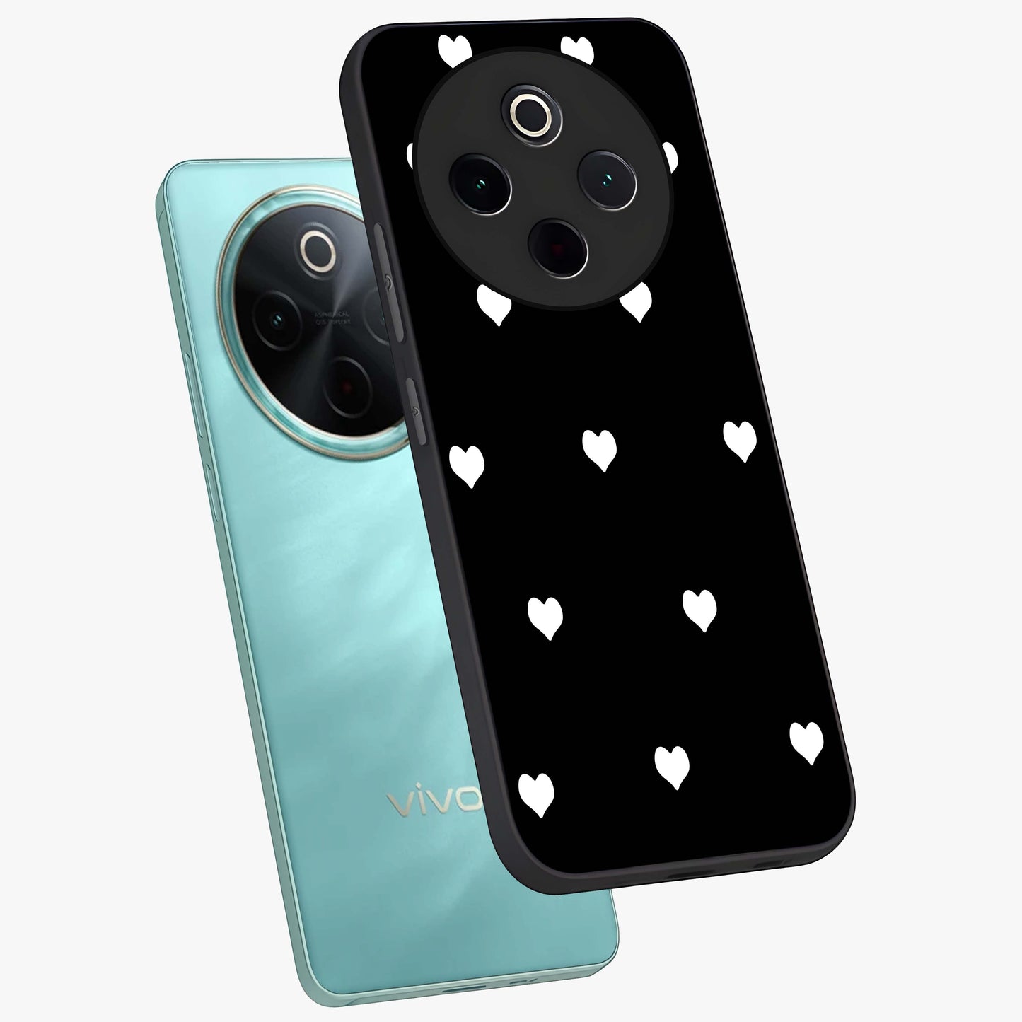Cute And Simple White Hearts Glass Case displayed in angled mockup highlighting cute heart design with clean aesthetic style.