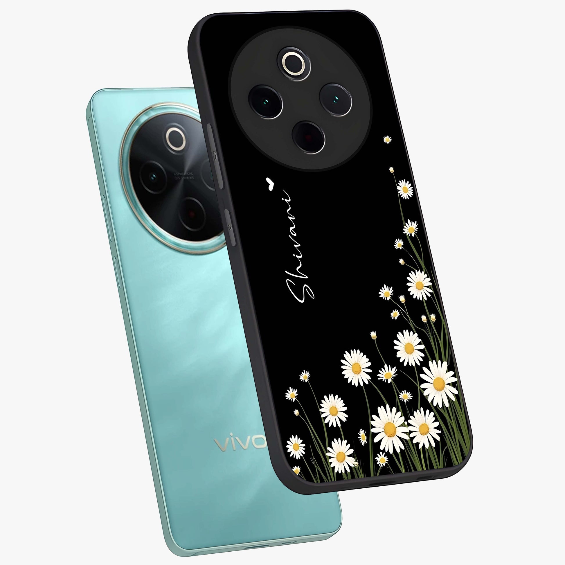 Daisy Cascade Custom Name Glass Case displayed in angled mockup highlighting delicate daisy artwork with custom name feature.