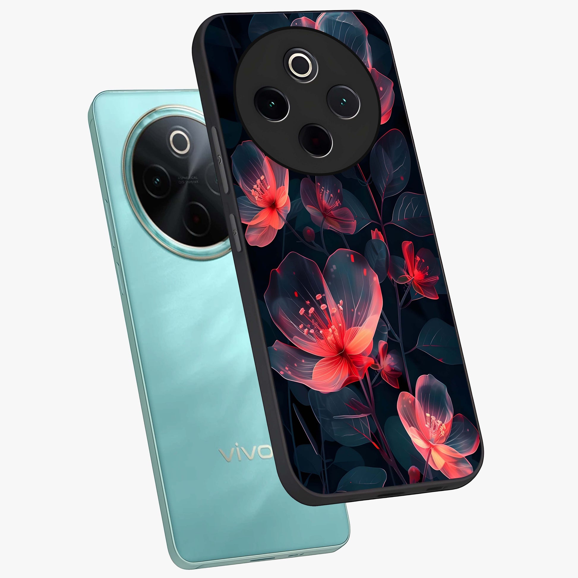 Dark Shade of Flower Glass Case displayed in angled mockup highlighting moody floral illustration with aesthetic dark tones.