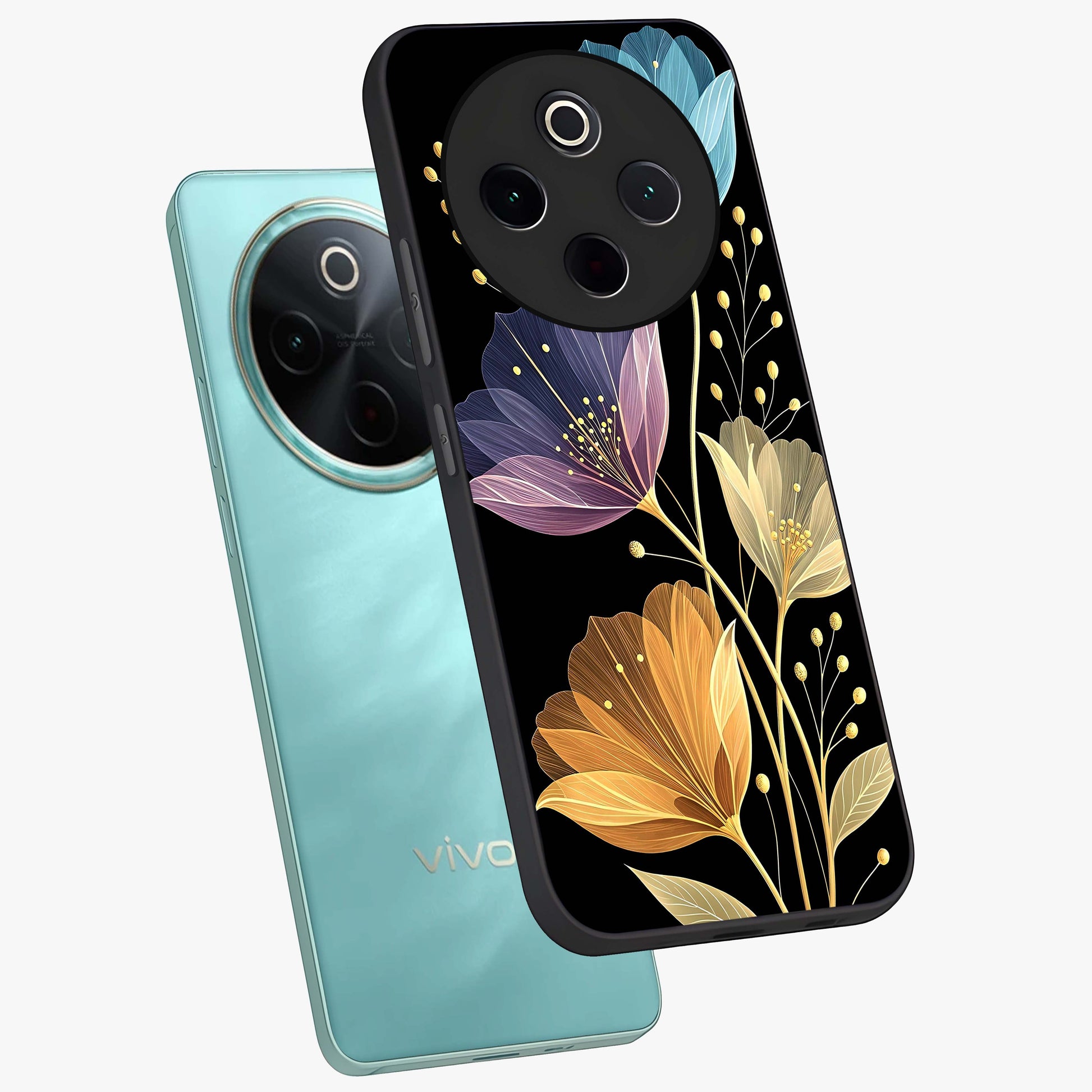 Delicate Multicolor Flowers Glass Case displayed in angled mockup highlighting colorful flower pattern with soft aesthetic style.