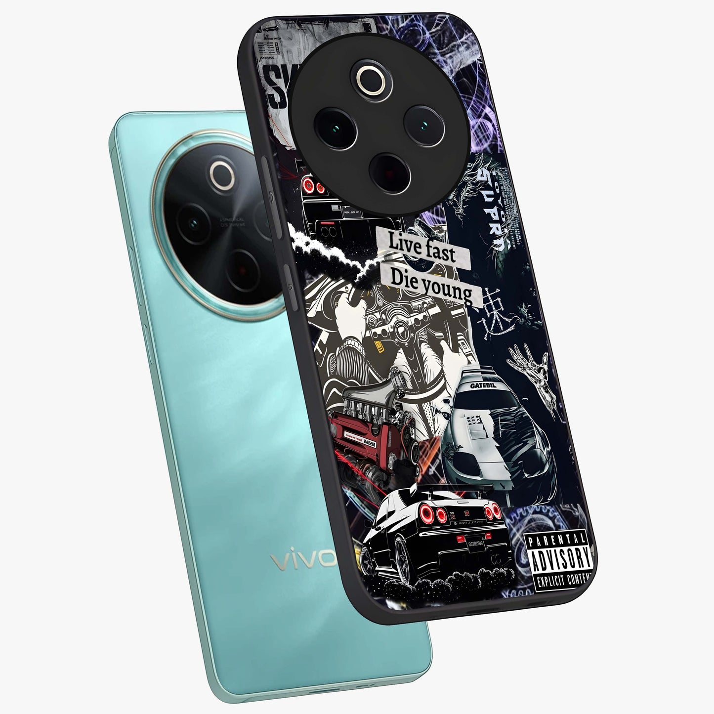 Die Young Glass Case displayed in angled mockup highlighting expressive graphic artwork with edgy aesthetic style.