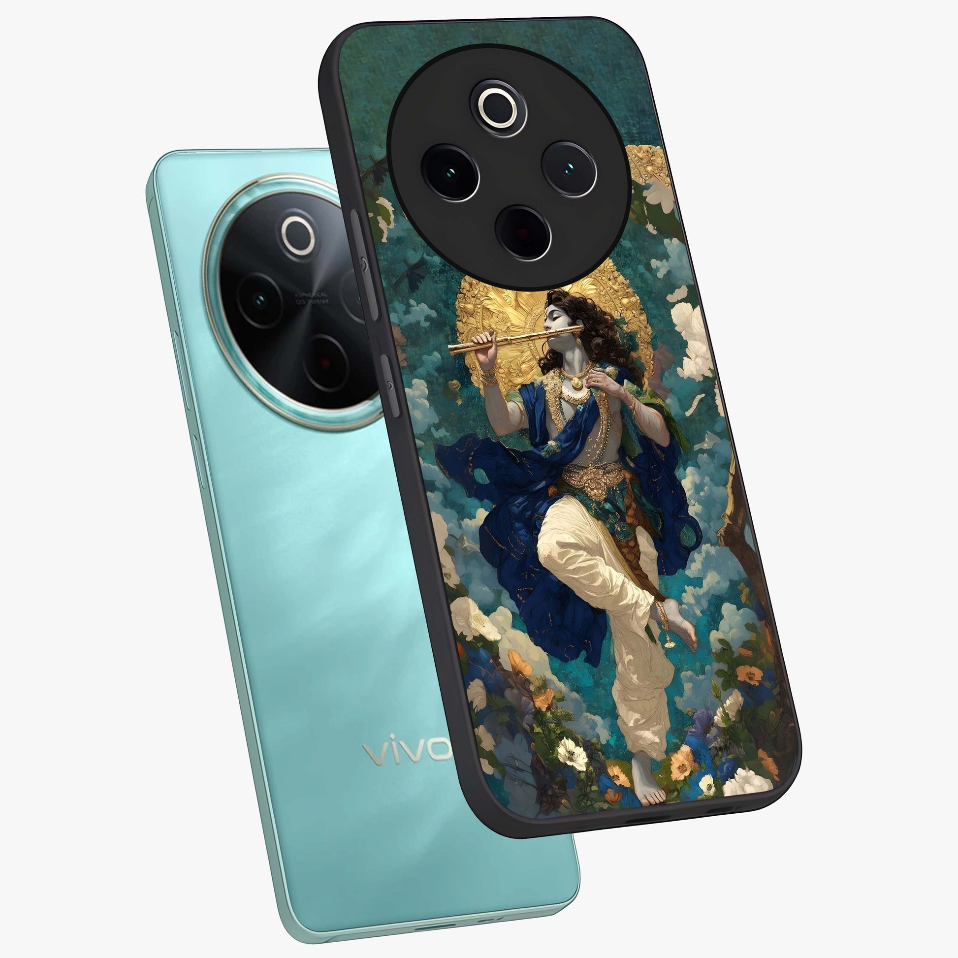 Divine Krishna Art Glass Case displayed in angled mockup highlighting spiritual Krishna illustration with devotional aesthetic.